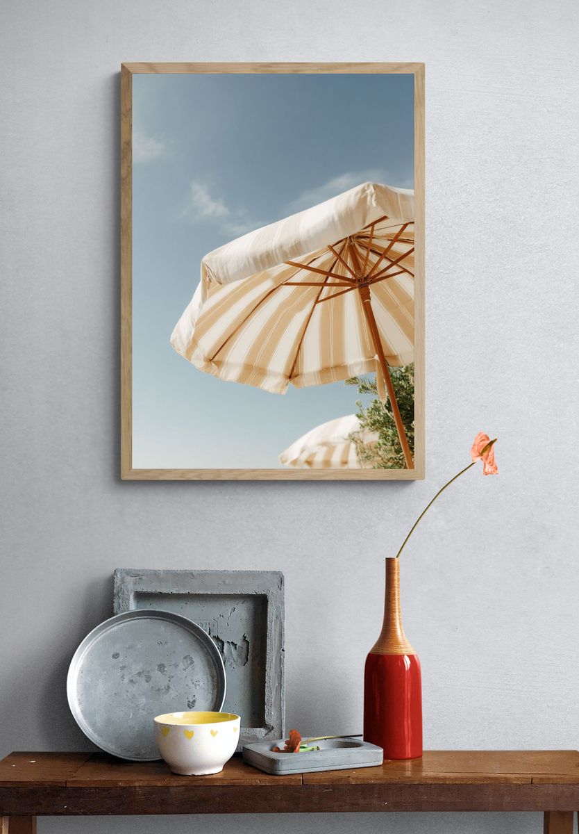 Beach Umbrella Sky Photography Print. — room view 3
