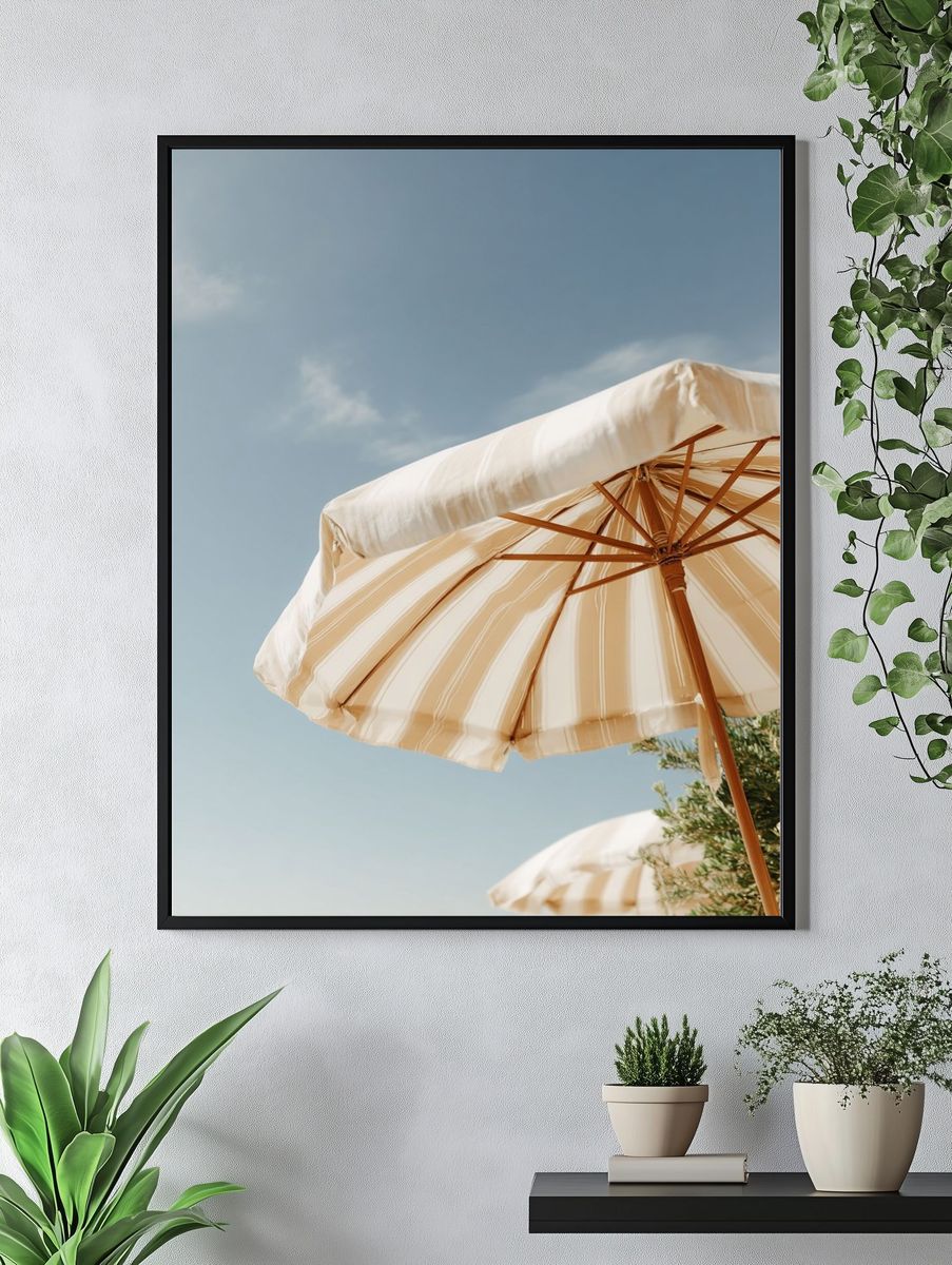 Beach Umbrella Sky Photography Print. — room view 4