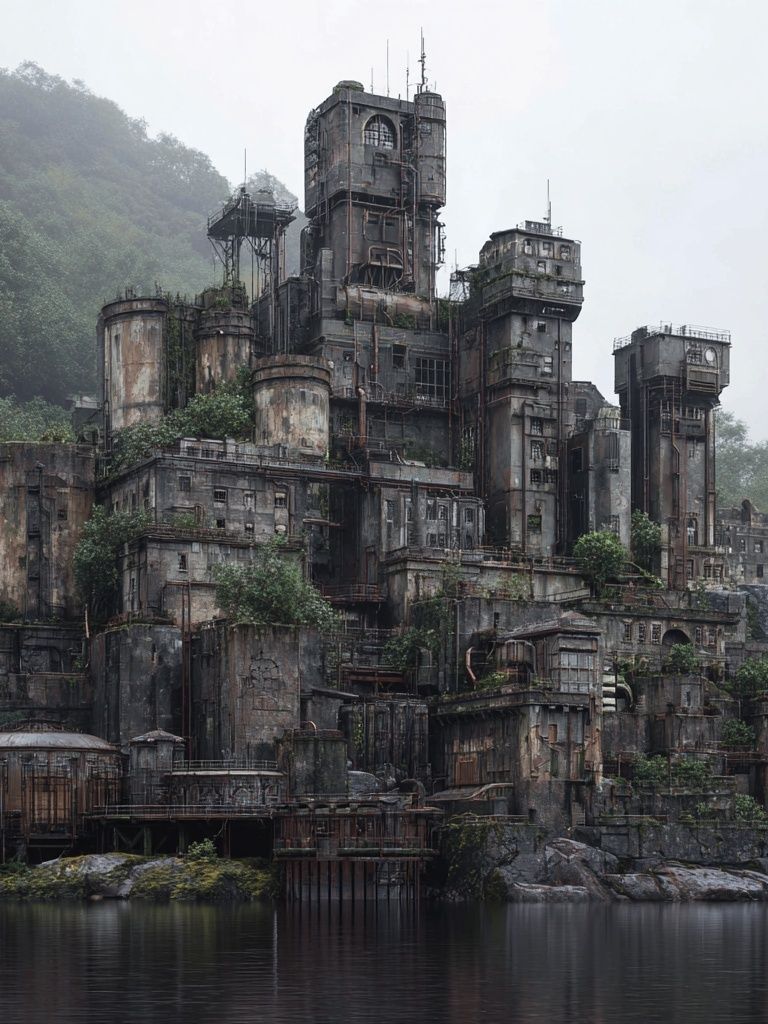 Misty Industrial Fortress Photography Poster. poster detail