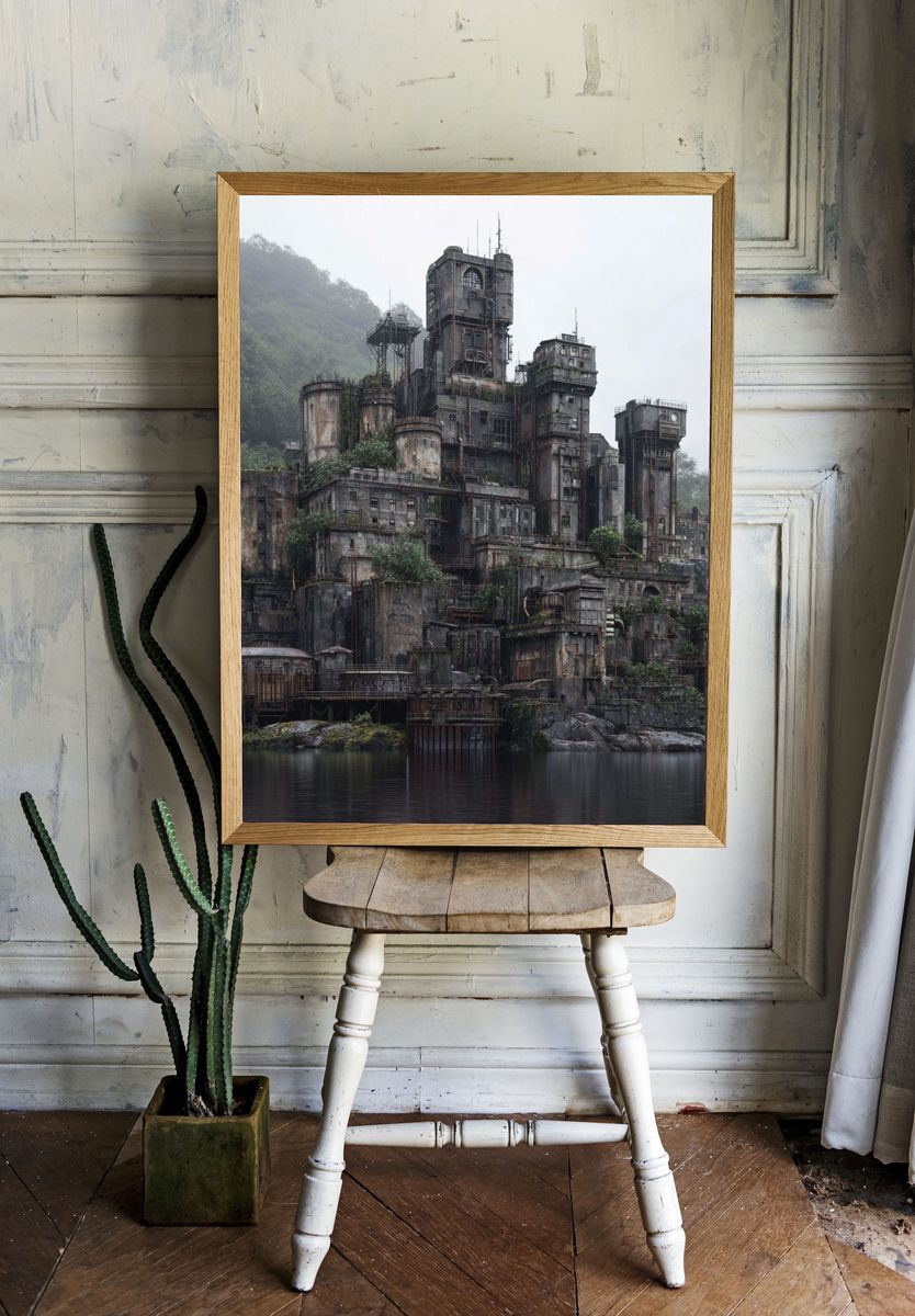 Misty Industrial Fortress Photography Poster. room preview
