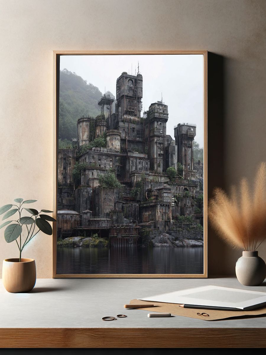 Misty Industrial Fortress Photography Poster. — room view 2