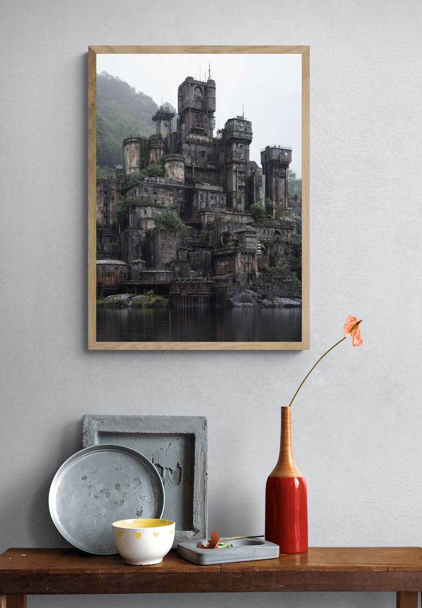 Misty Industrial Fortress Photography Poster. — room view 3