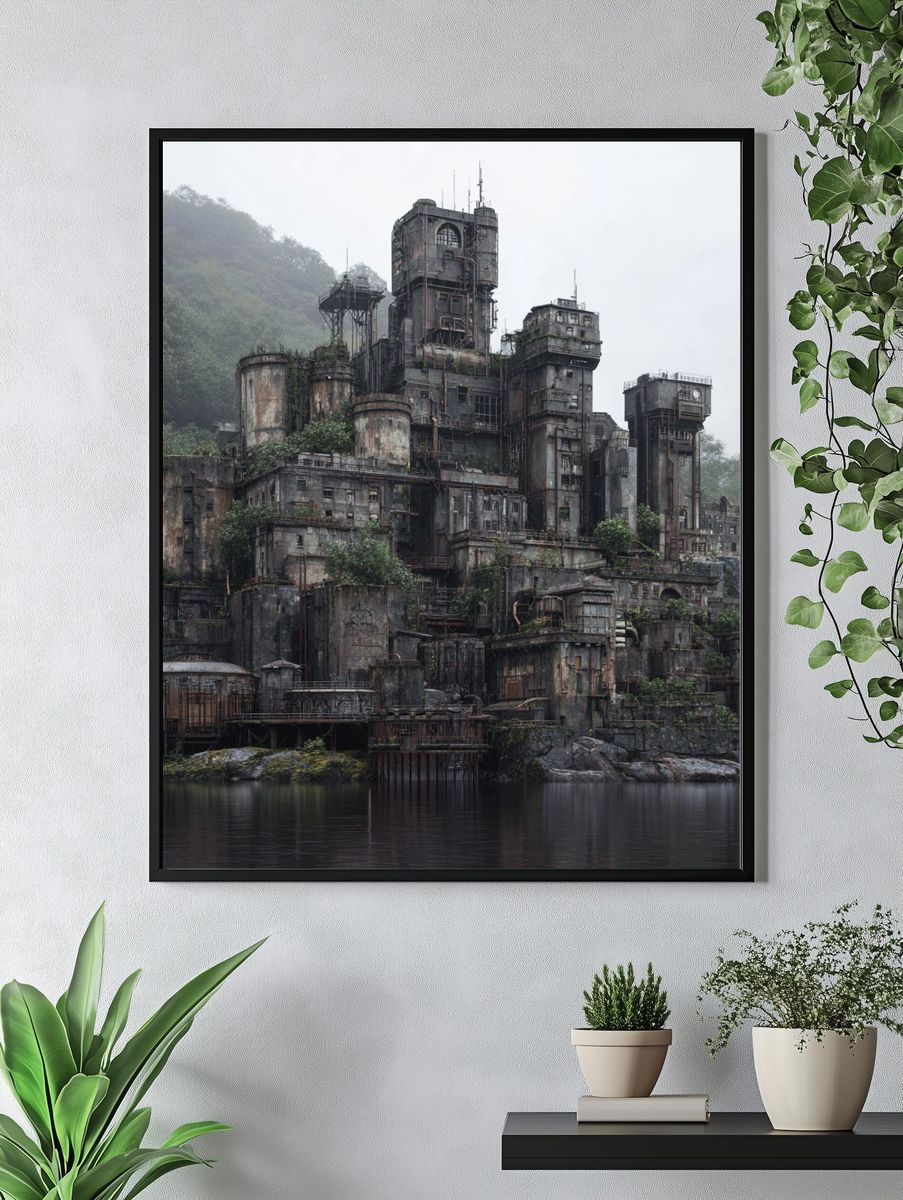 Misty Industrial Fortress Photography Poster. — room view 4