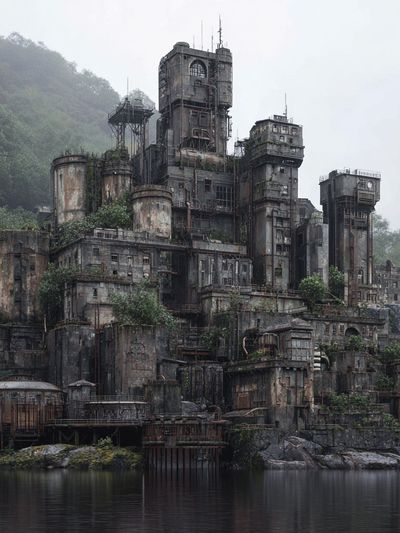 Misty Industrial Fortress Photography Poster.