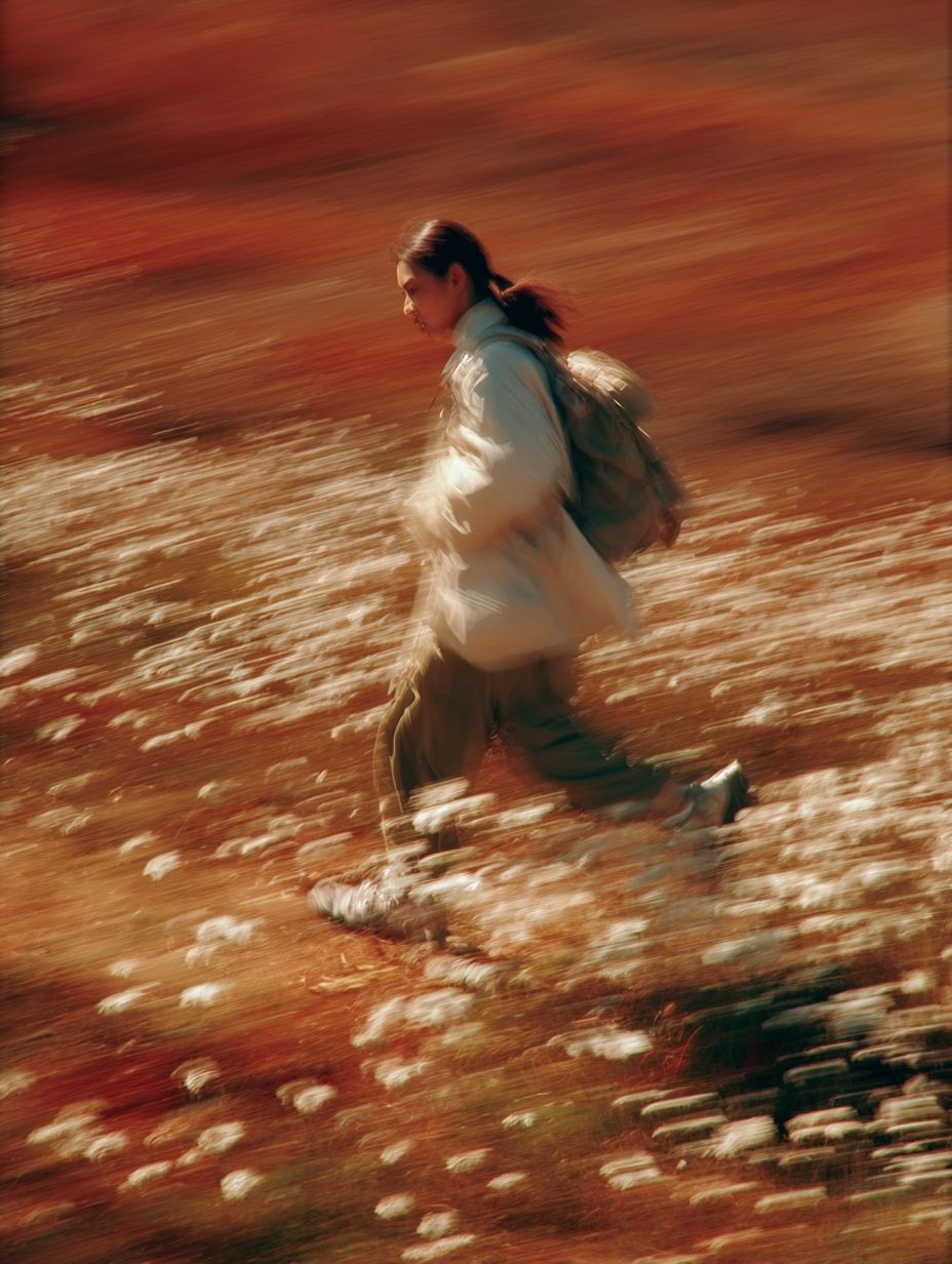 Blurred Hiker in Autumn Field Poster. poster — photography art