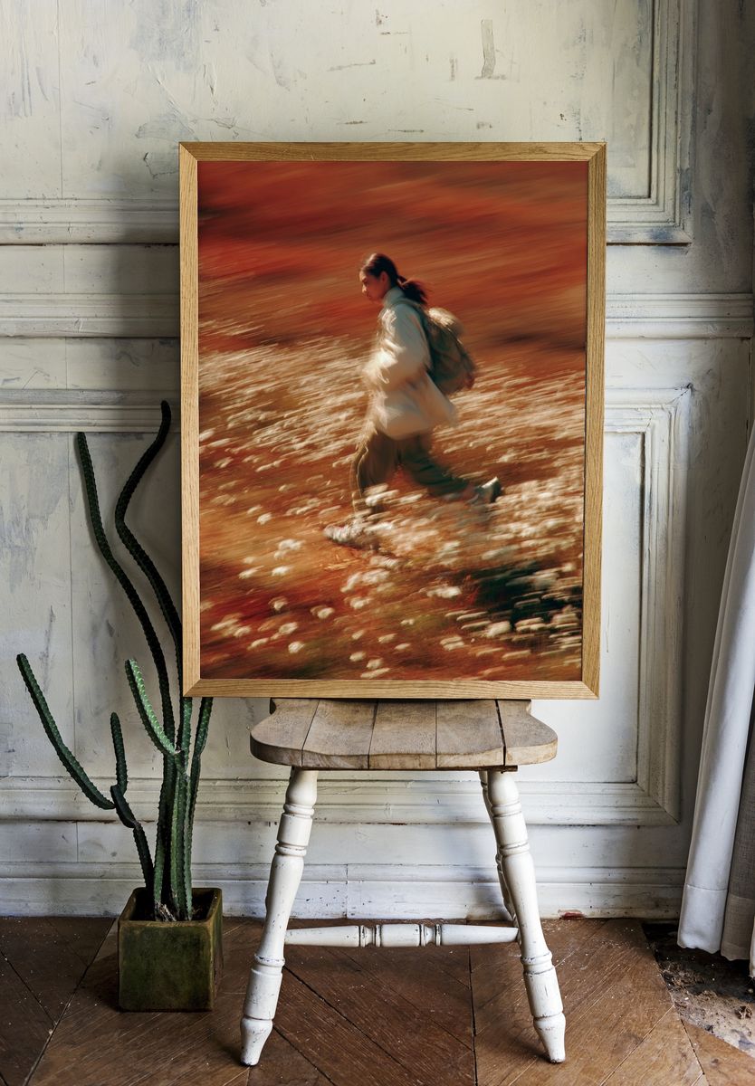 Blurred Hiker in Autumn Field Poster. — room view 1