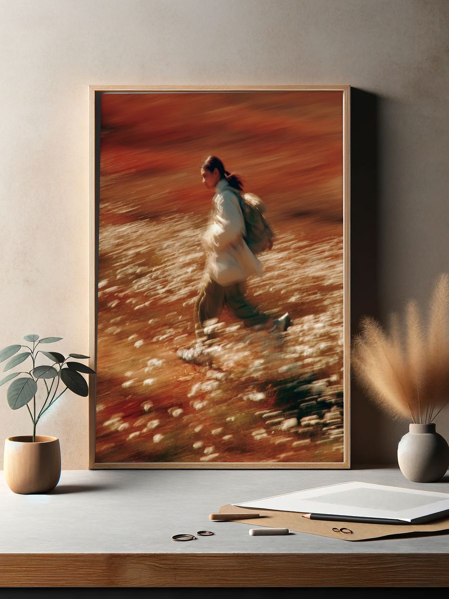 Blurred Hiker in Autumn Field Poster. — room view 2
