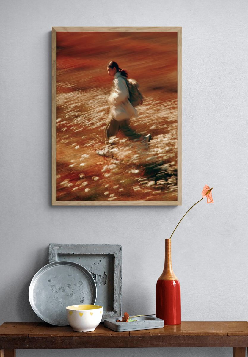 Blurred Hiker in Autumn Field Poster. — room view 3