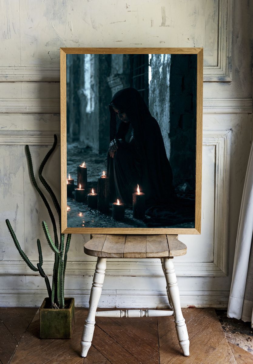 Candlelit Hooded Figure Photography Poster. room preview