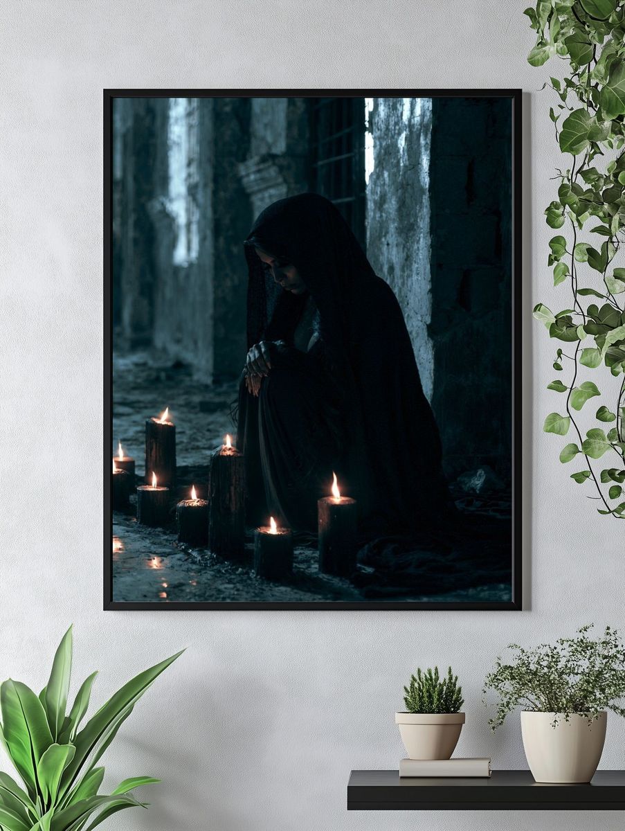 Candlelit Hooded Figure Photography Poster. — room view 4