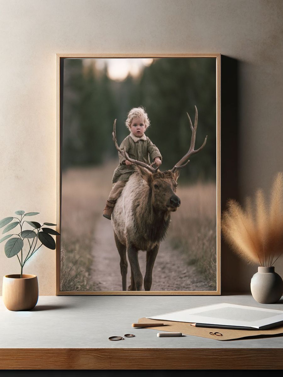 Child Riding Elk Photography Poster. — room view 2