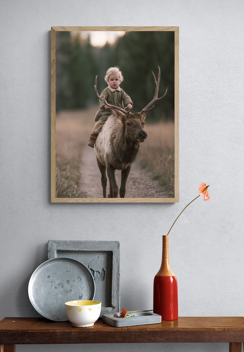 Child Riding Elk Photography Poster. — room view 3