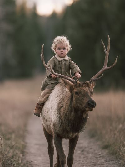Child Riding Elk Photography Poster.