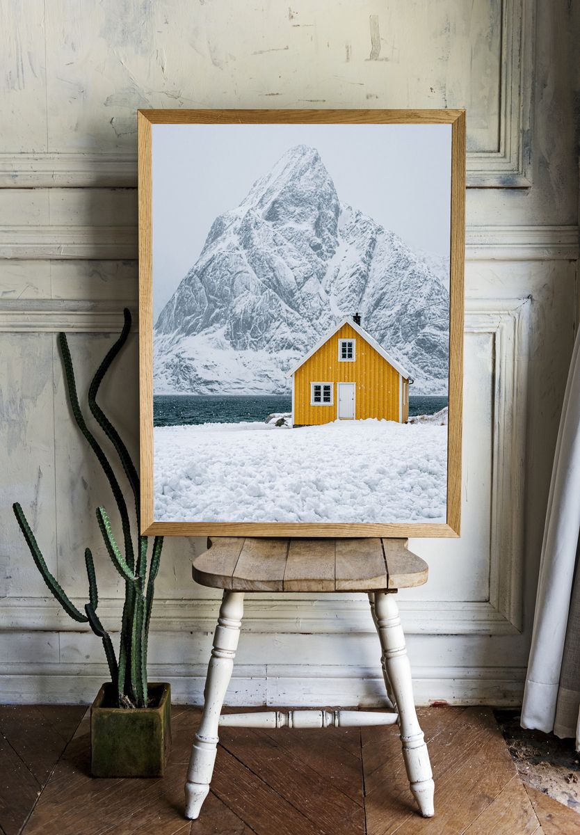 Snowy Mountain Cabin Photography Poster. room preview