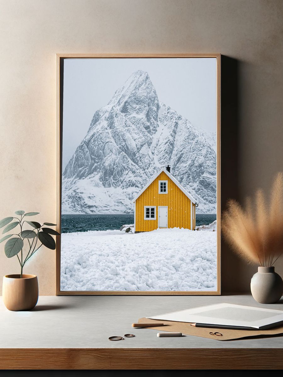 Snowy Mountain Cabin Photography Poster. — room view 2