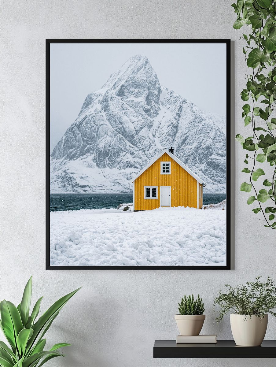 Snowy Mountain Cabin Photography Poster. — room view 4