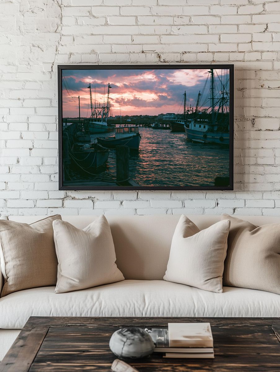 Harbor Fishing Boats Sunset Print. room preview