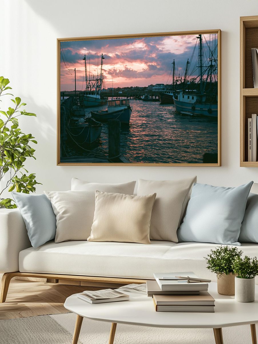 Harbor Fishing Boats Sunset Print. — room view 2