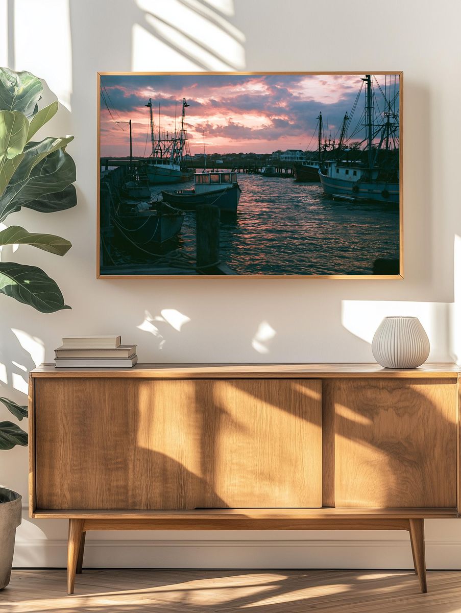 Harbor Fishing Boats Sunset Print. — room view 3