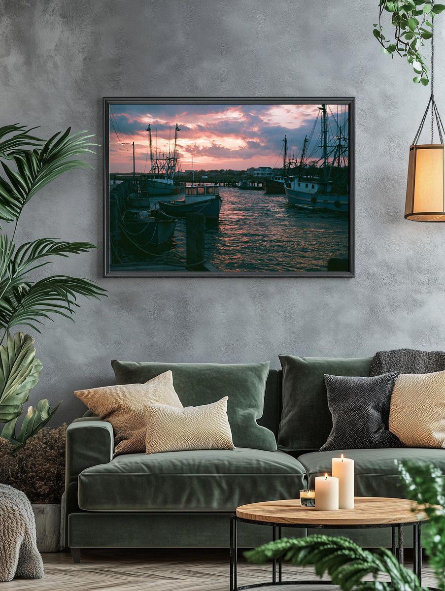 Harbor Fishing Boats Sunset Print. — room view 4