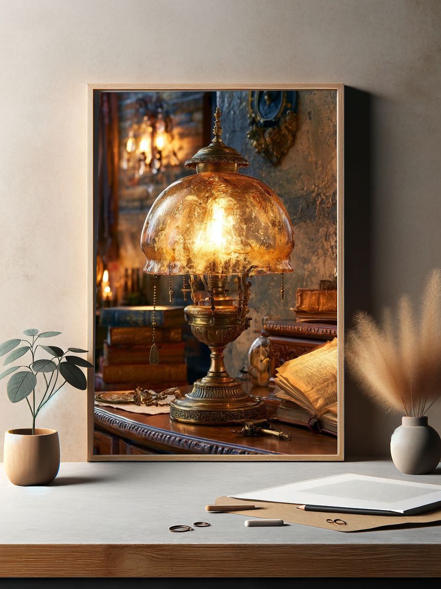 Antique Brass Lamp Still Life Poster. — room view 2