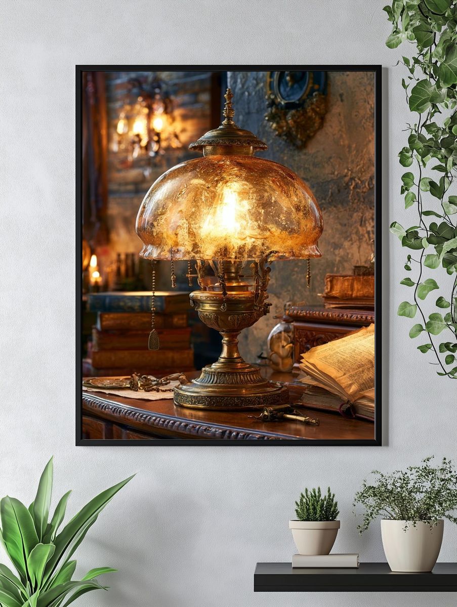 Antique Brass Lamp Still Life Poster. — room view 4