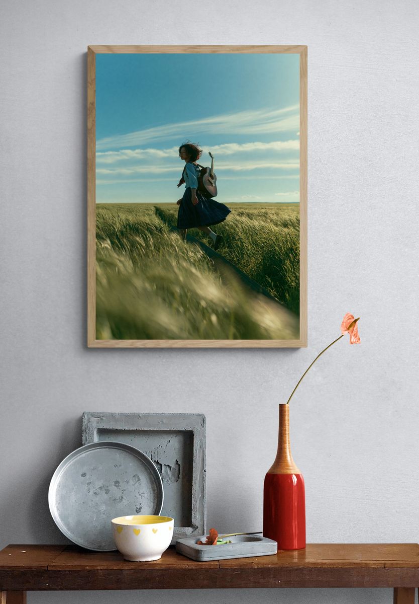 Girl with Guitar in Wheat Field Poster. — room view 3