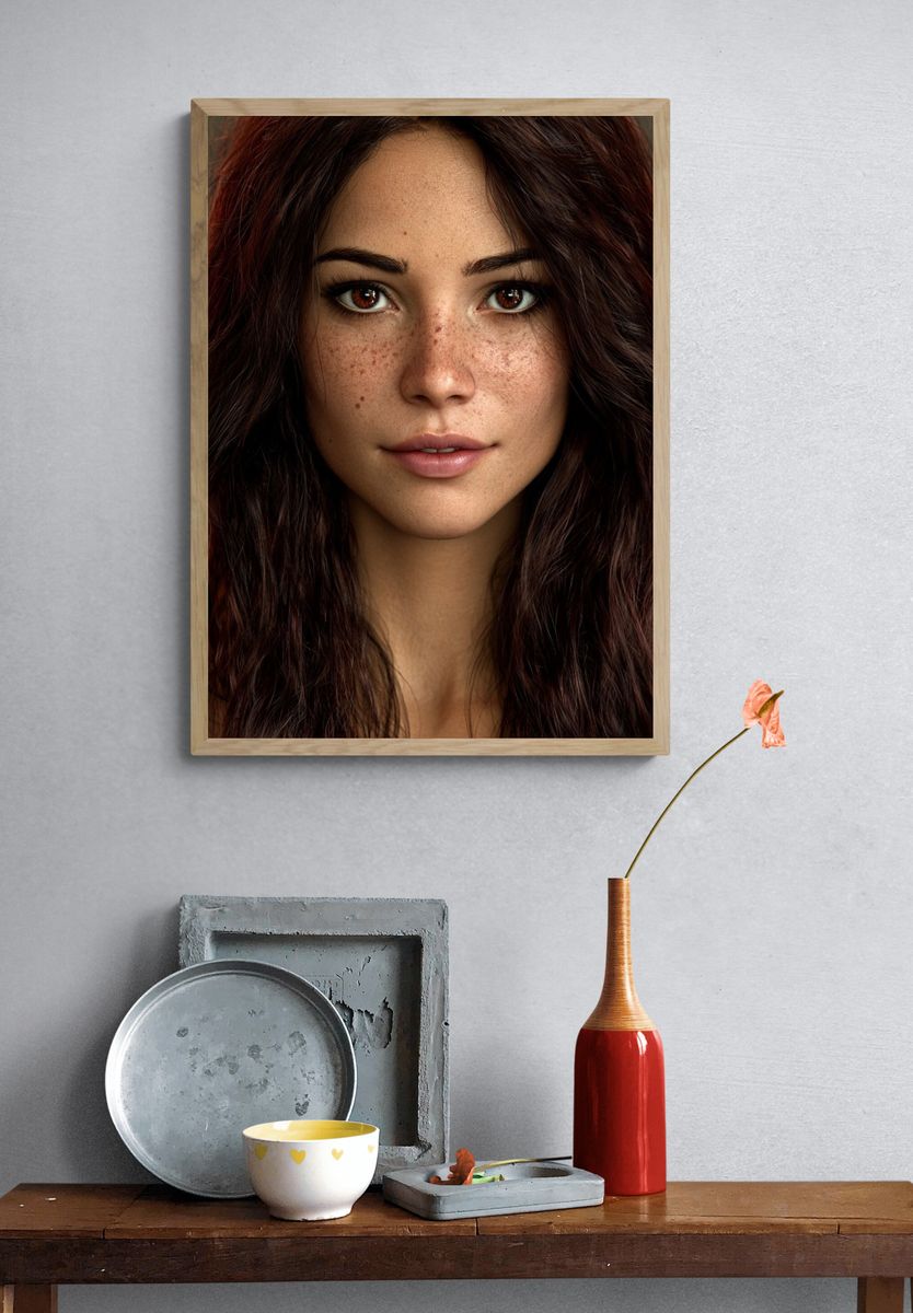 Freckled Woman Portrait Poster. — room view 3