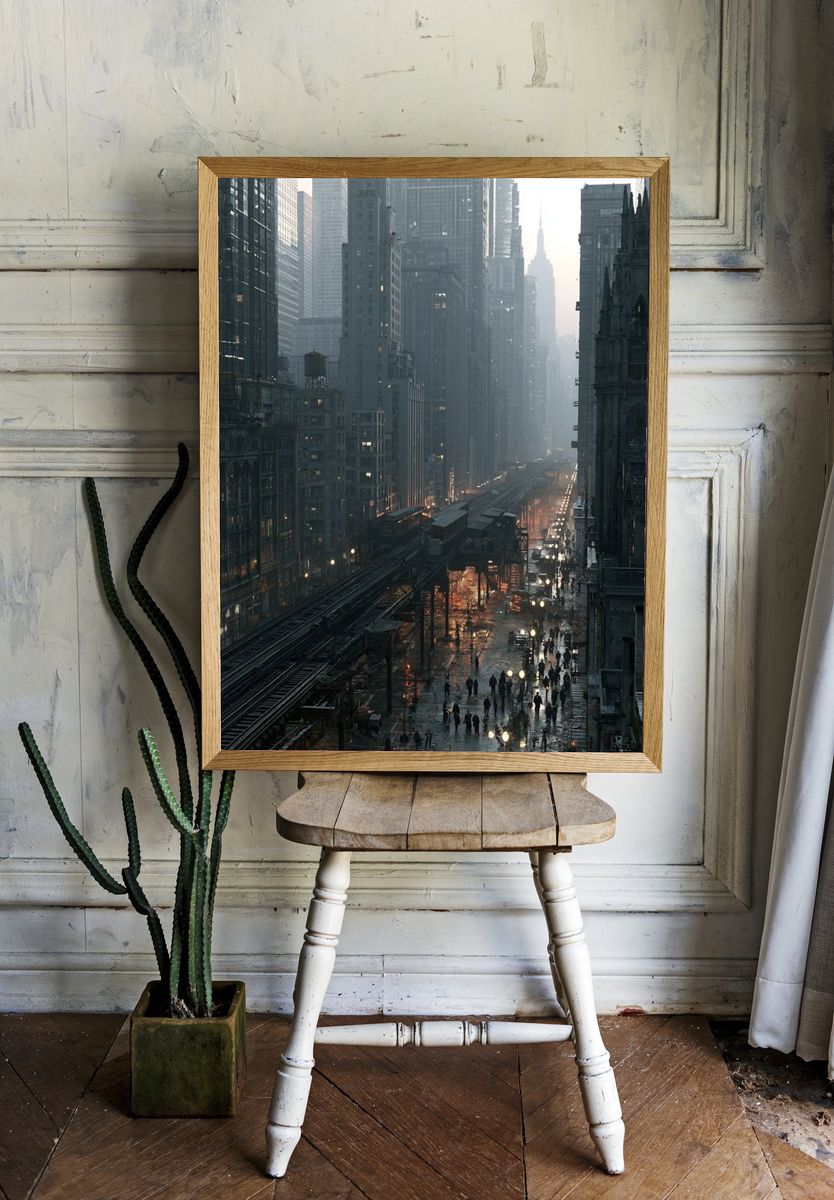Rainy City Skyline Photography Poster. room preview