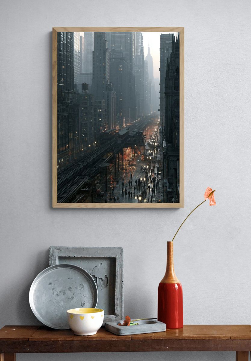 Rainy City Skyline Photography Poster. — room view 3