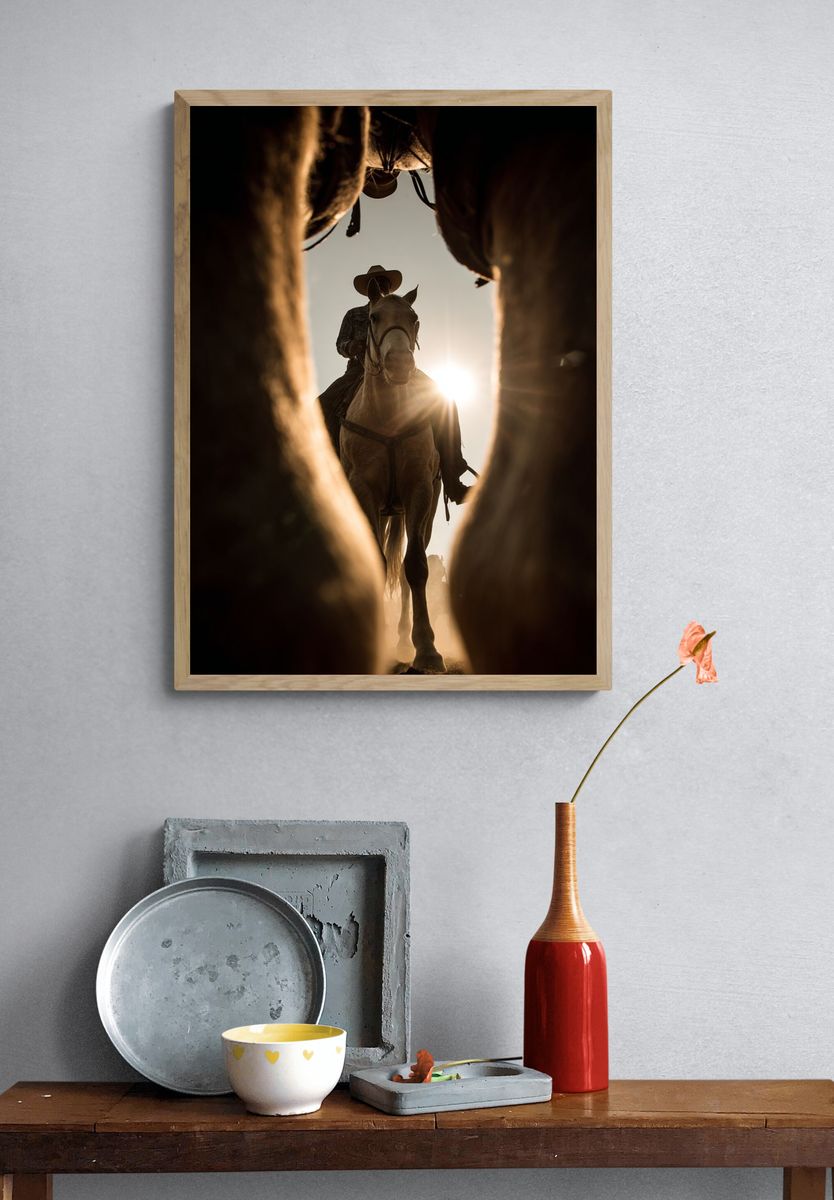Cowboy on Horseback Photography Poster. — room view 3