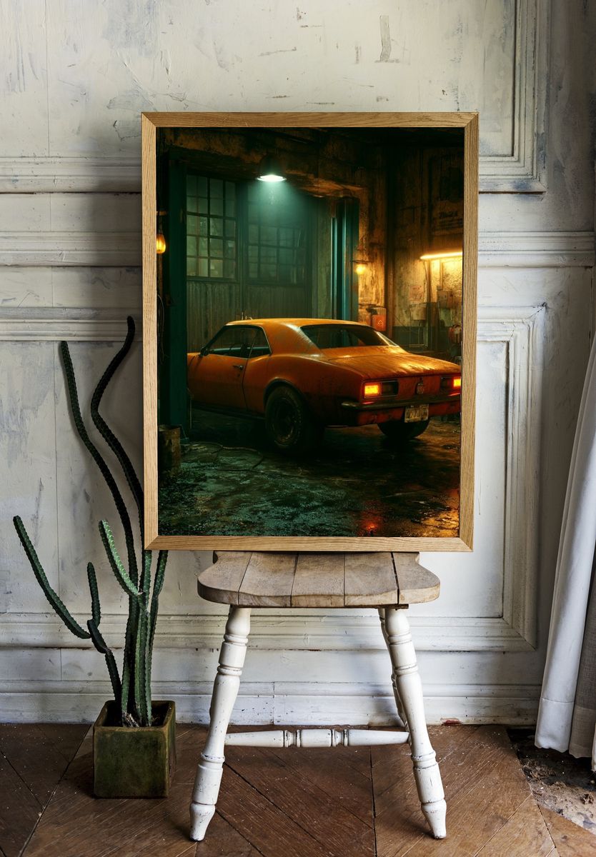 Orange Muscle Car Garage Poster. room preview