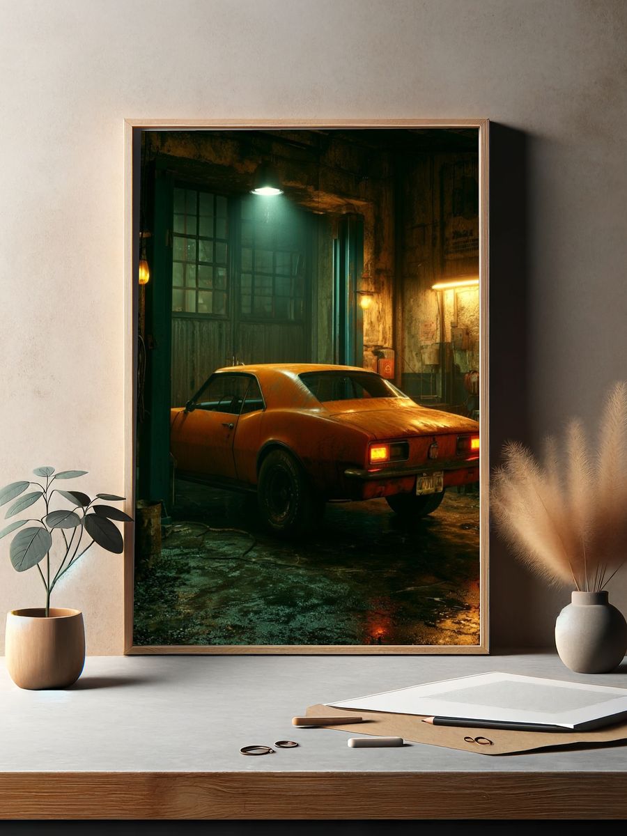 Orange Muscle Car Garage Poster. — room view 2