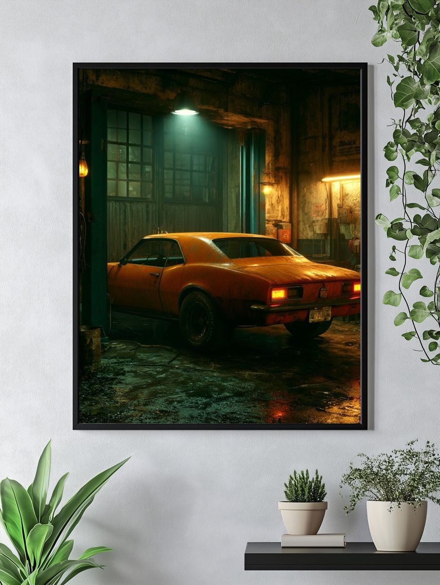 Orange Muscle Car Garage Poster. — room view 4