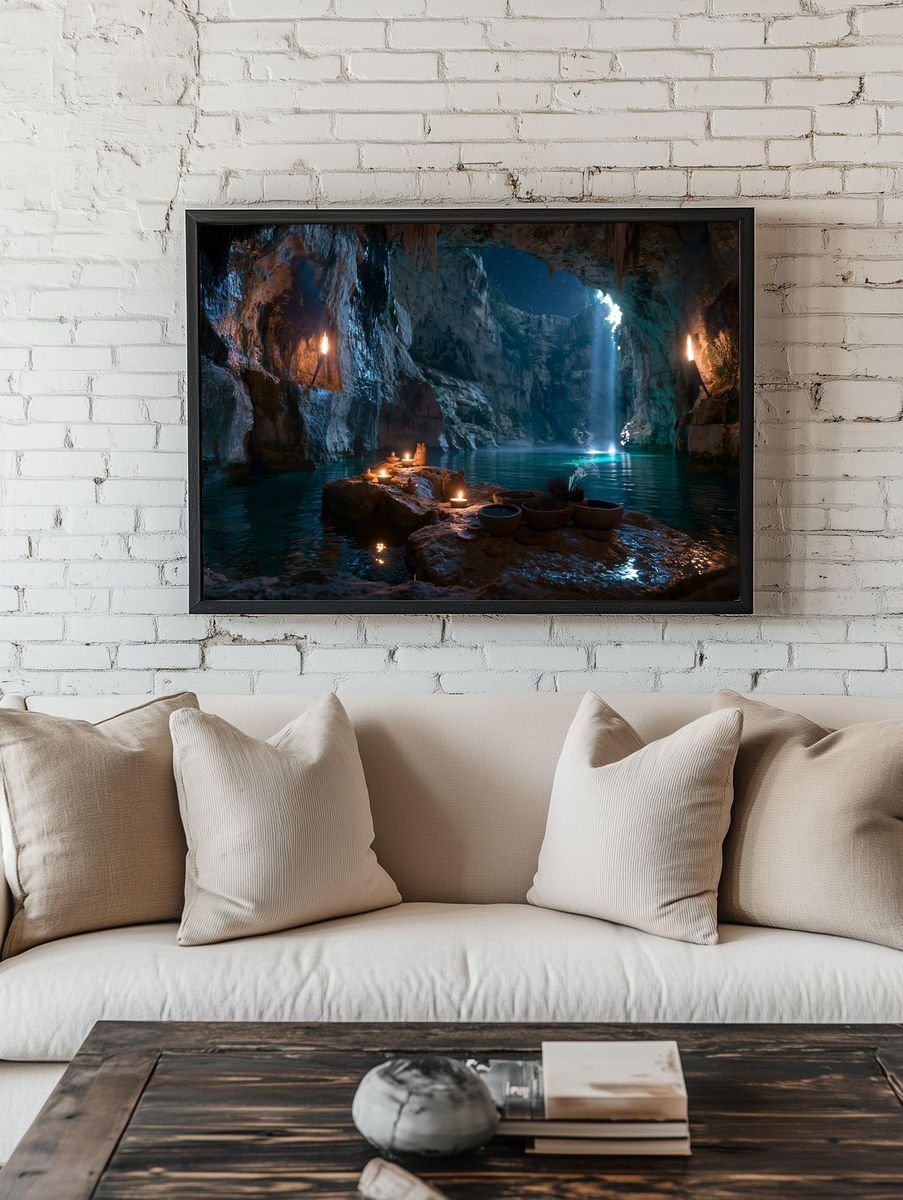 Mystic Cave Lagoon Photography Poster. room preview