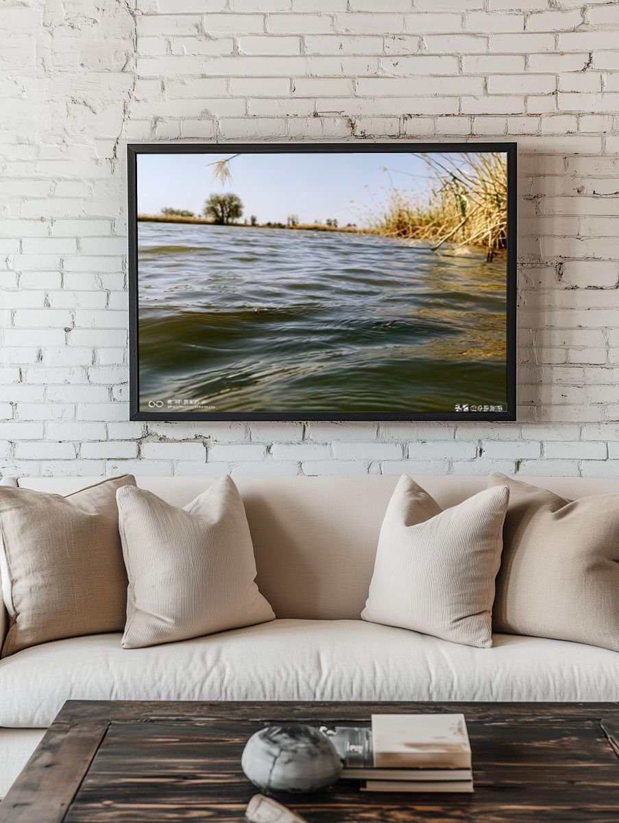 Serene River Waterline Photography Poster. room preview