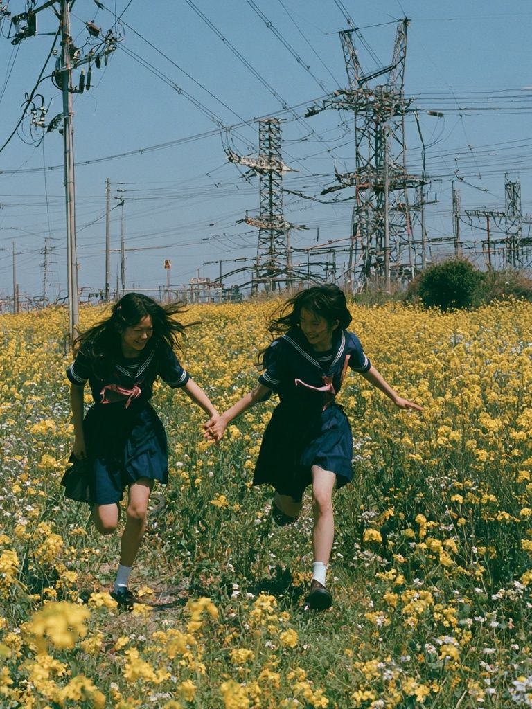 Girls Running Through Wildflowers Poster. poster — photography art