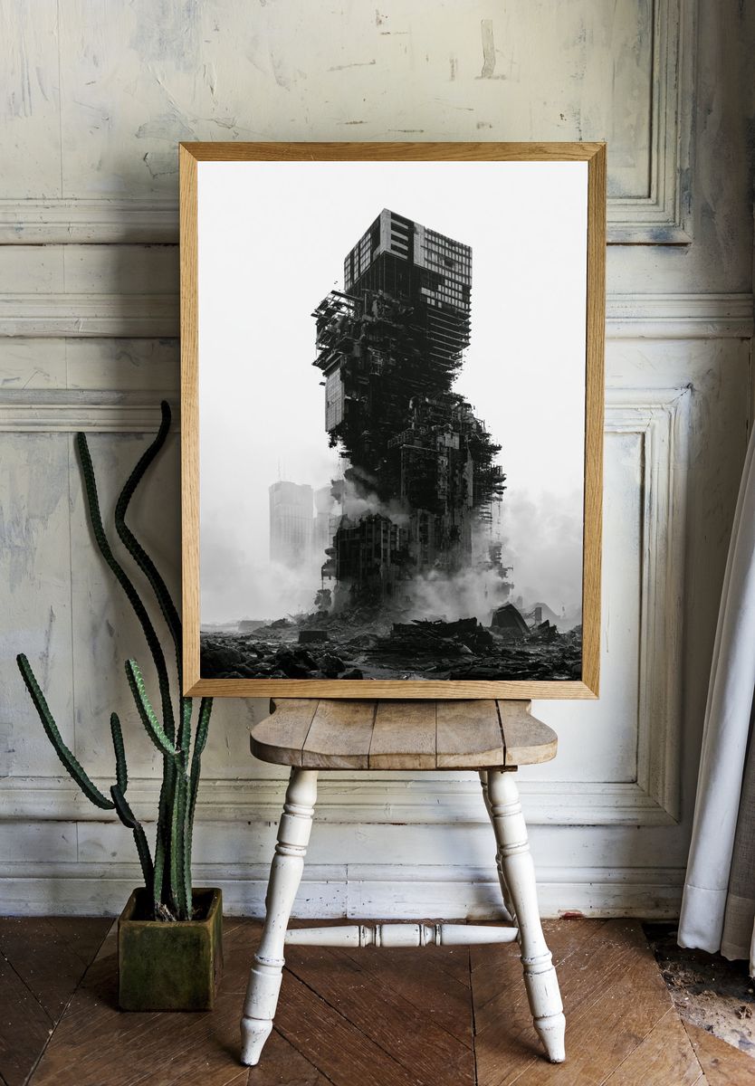 Ruined Tower Cityscape Photography Poster. room preview