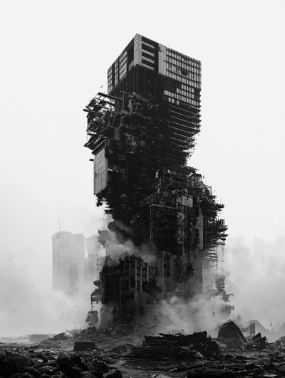 Ruined Tower Cityscape Photography Poster.