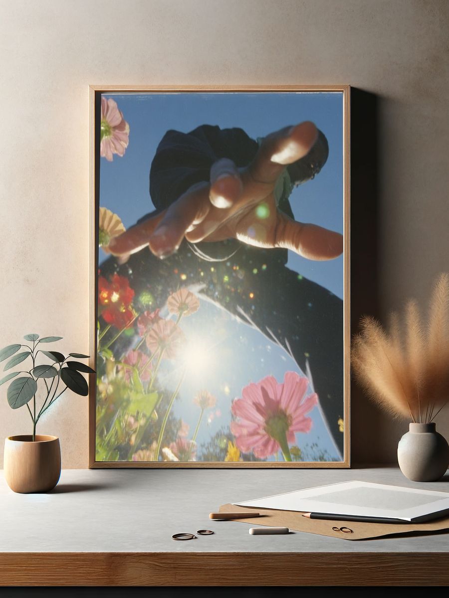 Sunlit Flowers and Hand Photography Poster. — room view 2