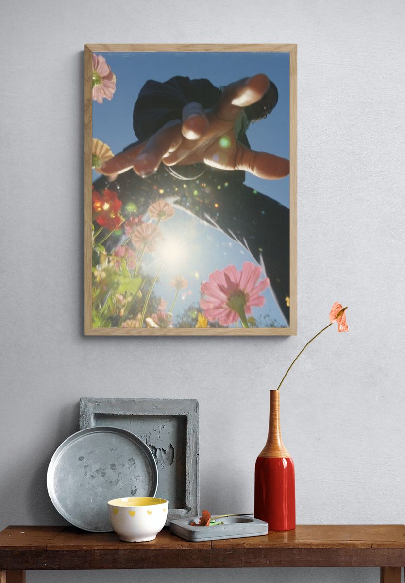 Sunlit Flowers and Hand Photography Poster. — room view 3