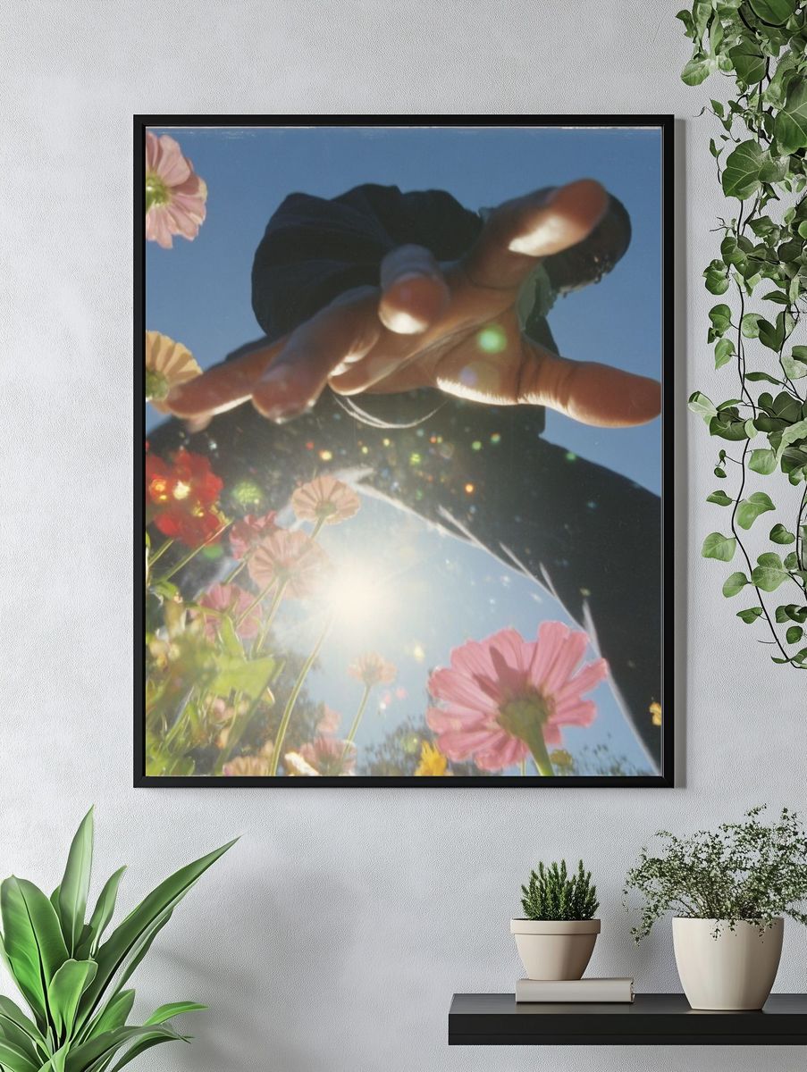 Sunlit Flowers and Hand Photography Poster. — room view 4