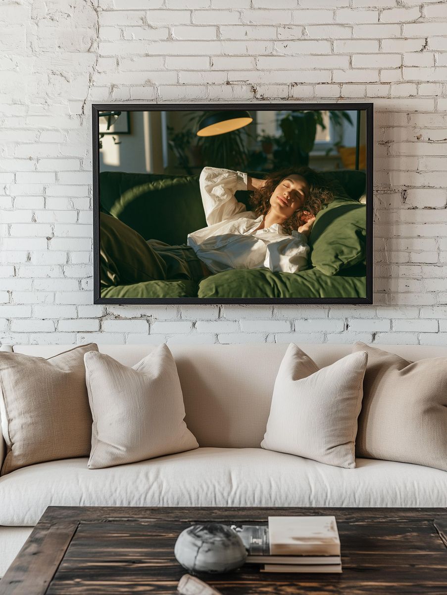 Relaxed Woman on Sofa Photography Poster. room preview
