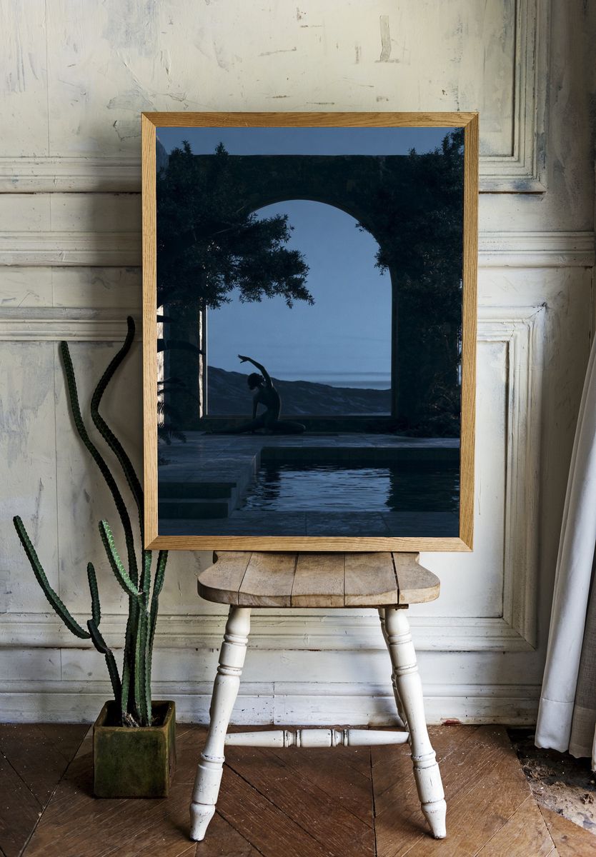 Meditative Poolside Silhouette Print. room preview