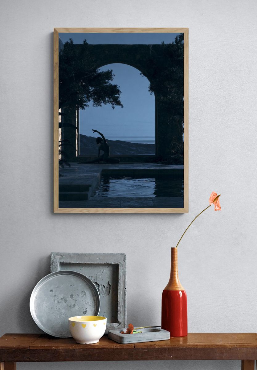 Meditative Poolside Silhouette Print. — room view 3