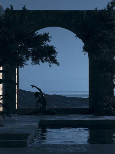 Meditative Poolside Silhouette Print. poster