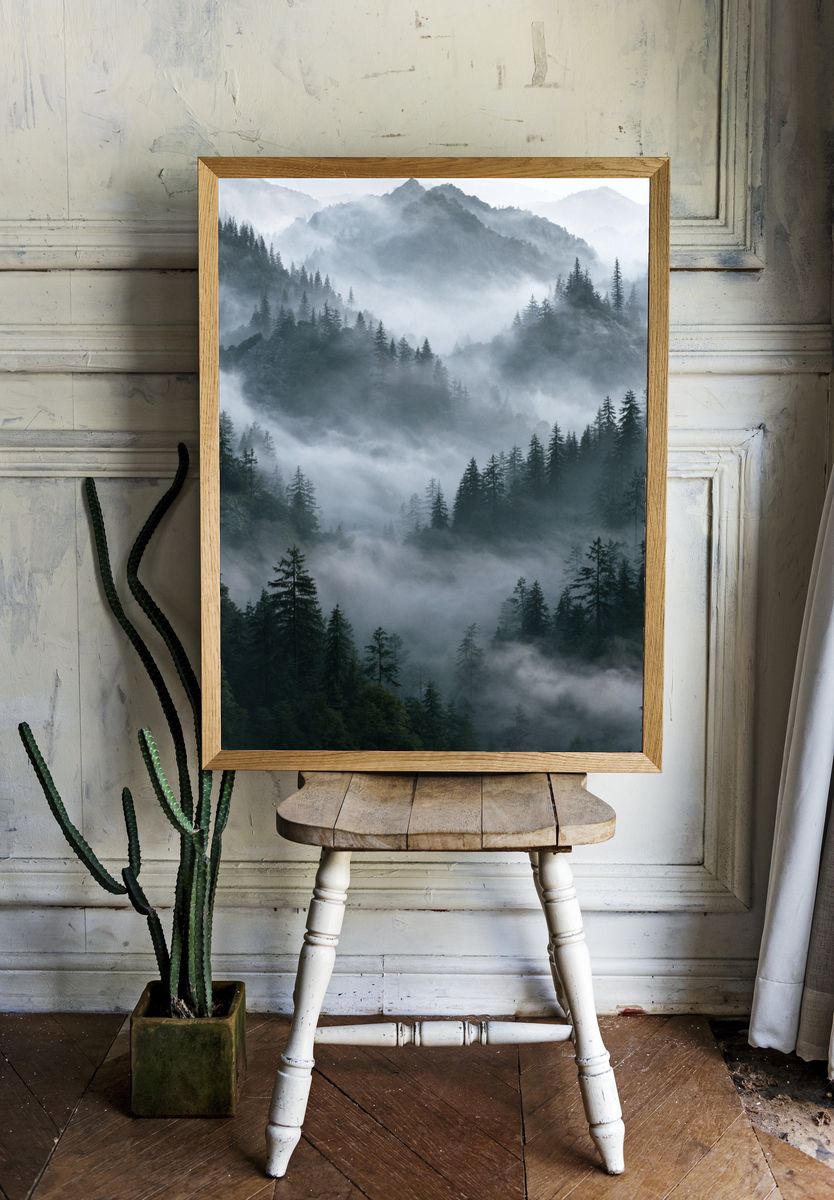 Misty Pine Mountains Photography Poster. — room view 1