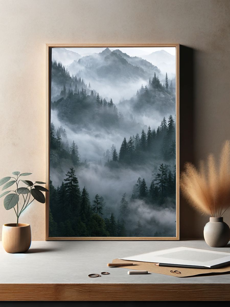 Misty Pine Mountains Photography Poster. — room view 2