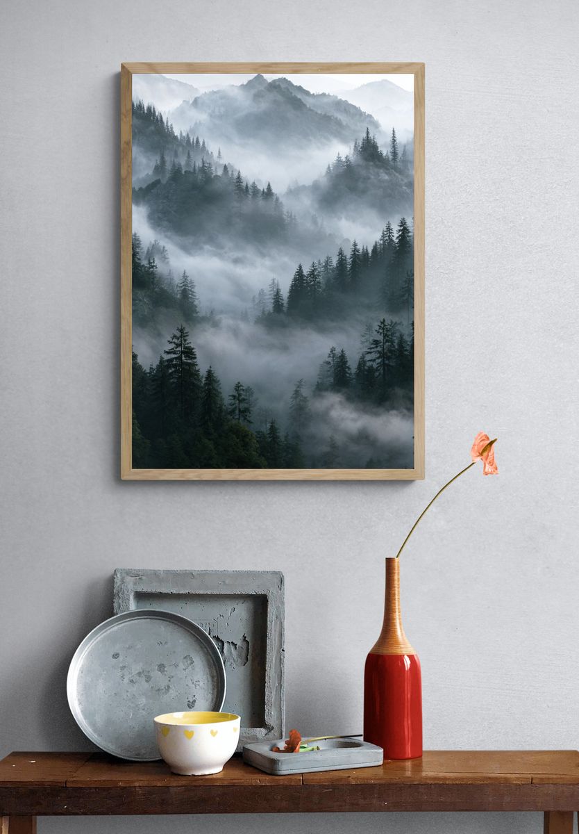 Misty Pine Mountains Photography Poster. — room view 3