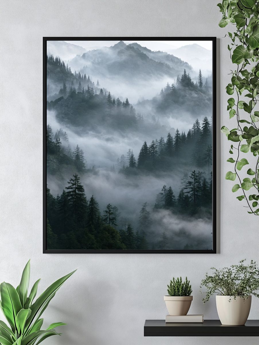 Misty Pine Mountains Photography Poster. — room view 4